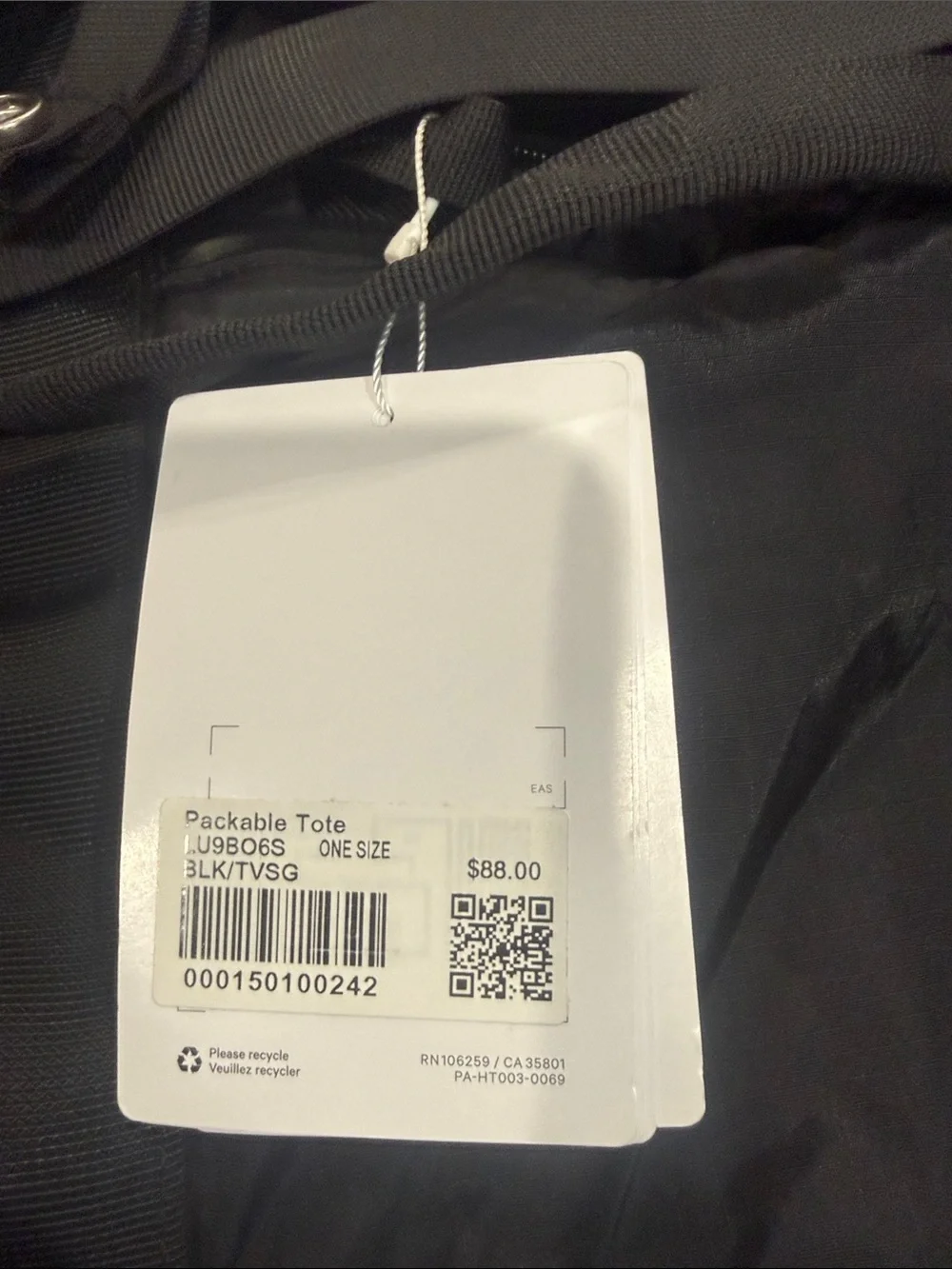 lululemon athletica Black packable totewith Shoulder Strap
